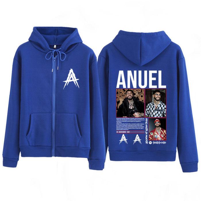 Rapper Anuel AA Album Tour Vintage Graphic Zipper Hoodie Men Women Fashion Long-sleeved Casual Hip-hop Zip Up Sweatshirts