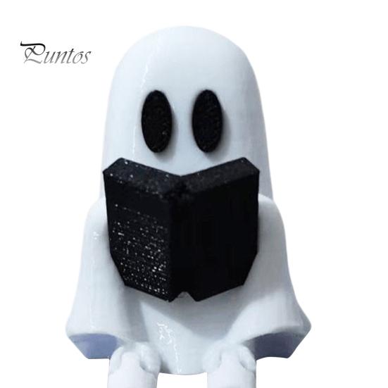 Desktop Ghost Ornament Reading Figurine with Articulated Legs, 3D Printed Sitting Statue, White Desk for Halloween Decoration Artistic