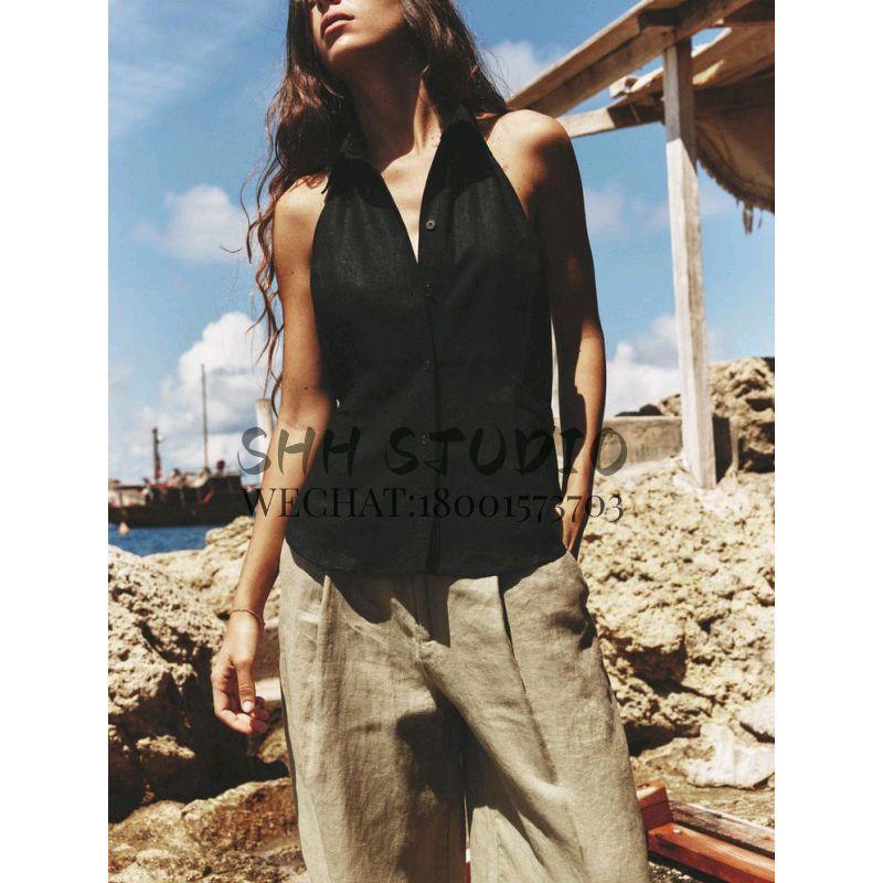 Spring New Fashion Sexy Style Sexy Open Back Buckle Decoration Linen Blended Hanging Collar Tops 8001709