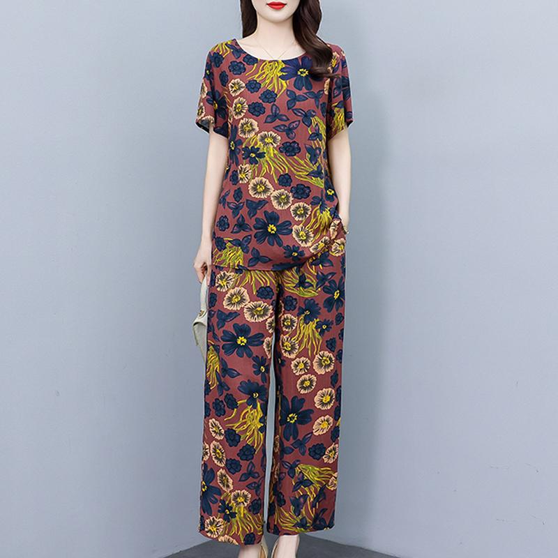 Plus Size Sommer-Vintage-Druck-Hosen-Sets mit weitem Bein, lässig, elegant, lockere Sets für Damen, 2-teilig
