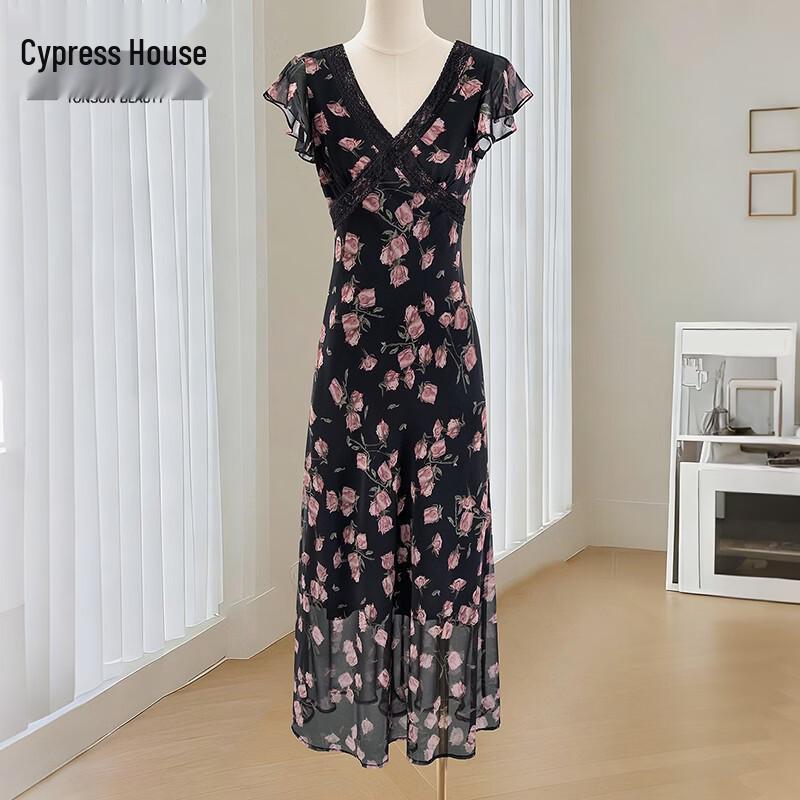 Sishe V-Neck Rose Floral Slim Fit Dress S