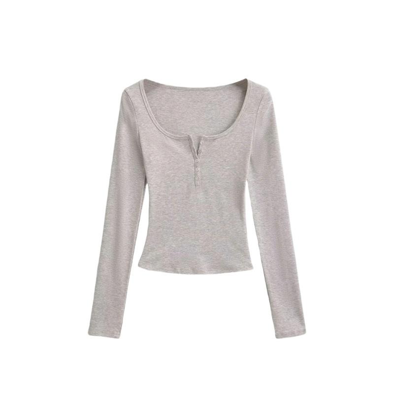 Women's U-Neck Long Sleeve Slim Fit Crop Top Solid Color Casual Basic Tee