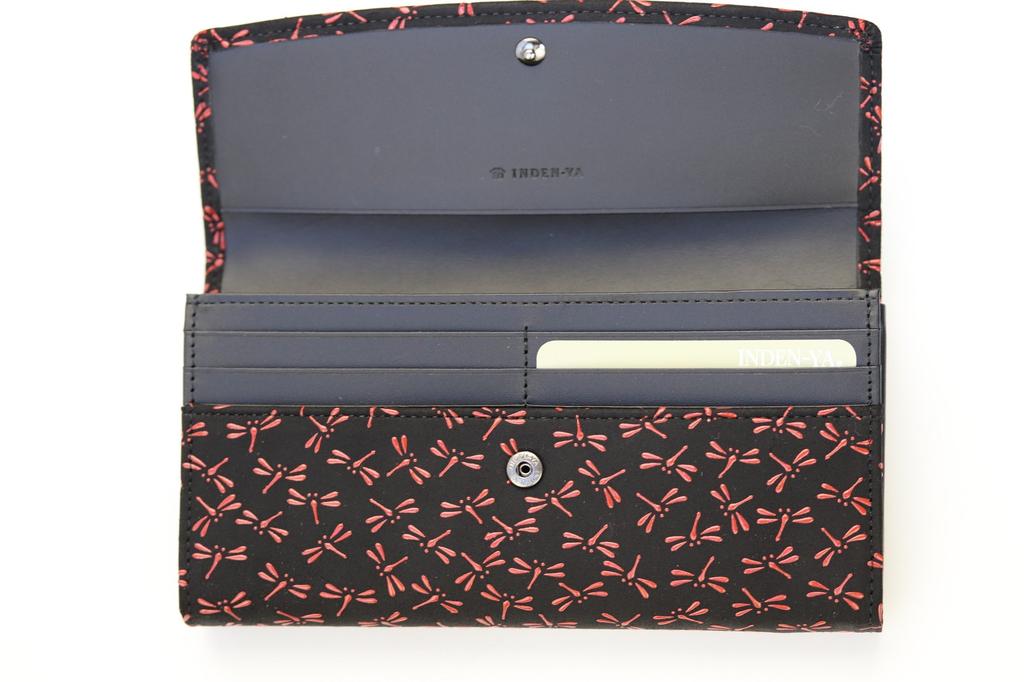 [INDEN-YA] Inden Yuichi Uehara (INDEN-YA) Genuine Leather Flap Long Wallet (Coin Purse Exterior), Model Number 2310, Black with Red Lacquer,