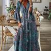 Bohemian Style Flared Sleeve Print V-neck High Waisted Vacation Dress with Floral Detailing for Women