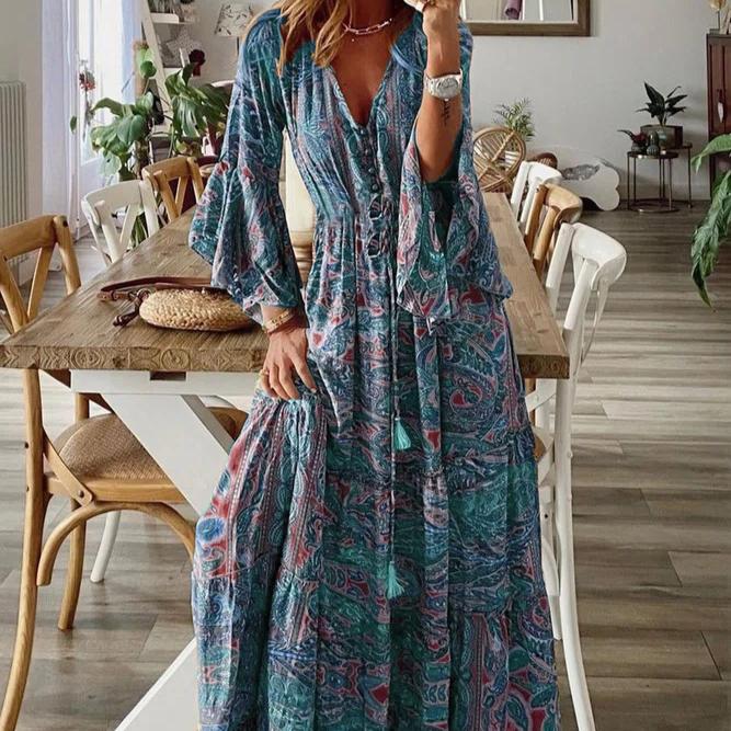 Bohemian Style Flared Sleeve Print V-neck High Waisted Vacation Dress with Floral Detailing for Women