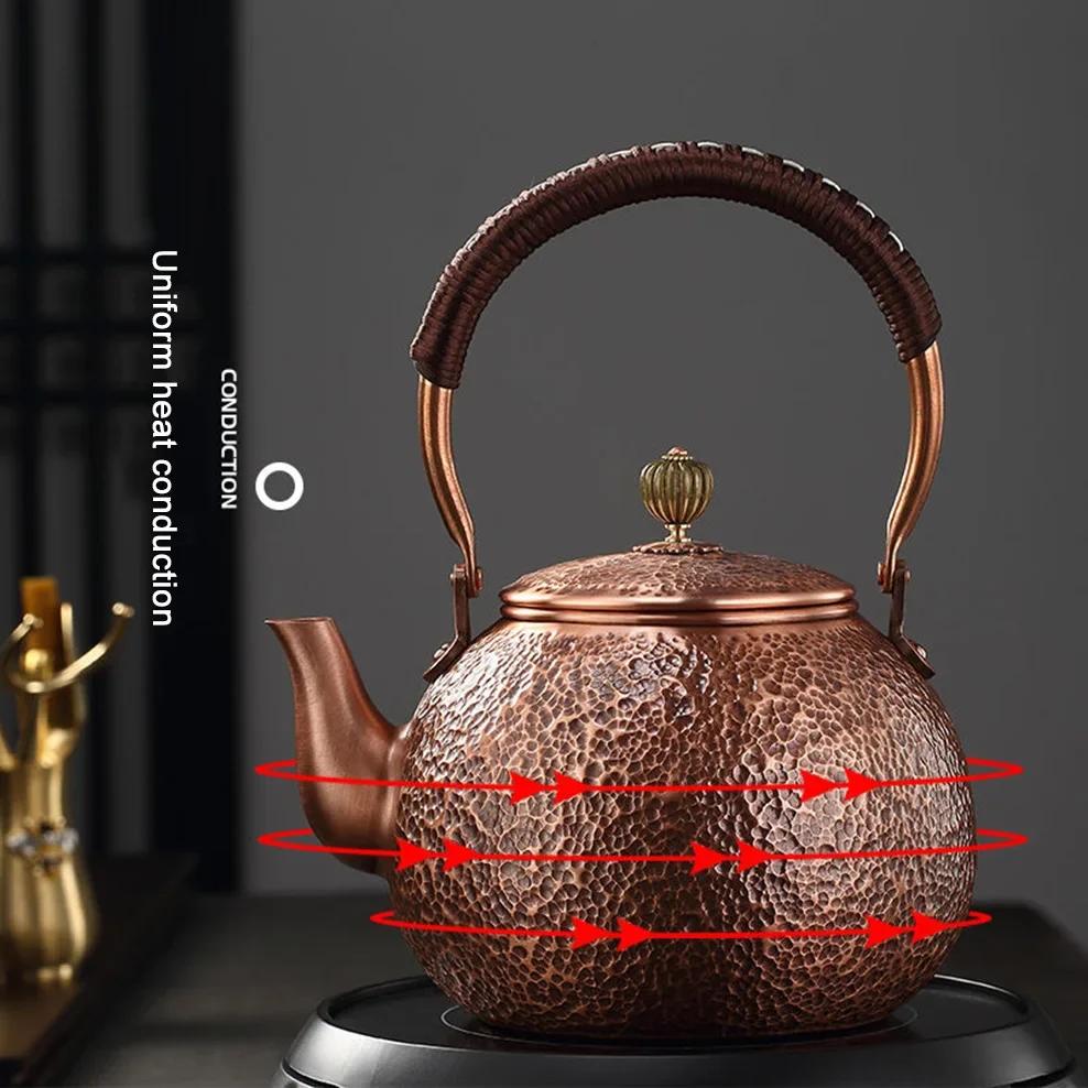 1.2L/1.5L Red Copper Kettle Large Capacity Pure Copper Boiling Water Kettle Manual Hammer Pattern Making Tea Pot