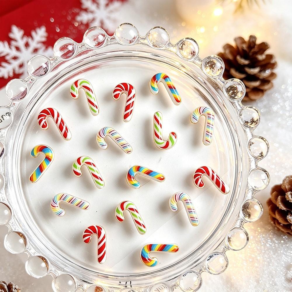 50Pcs Cute Christmas Candy Cane Nail Charms Colorful Resin Santa Claus Candy Cane Christmas Nail Rhinestones Winter Nail Decora
