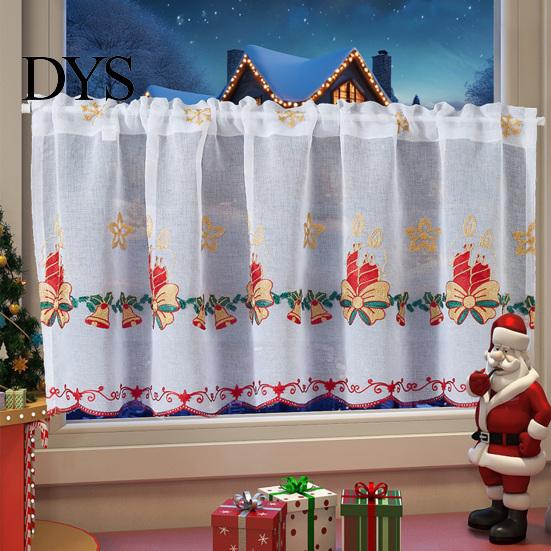 Easy Installation Pole Bag Valances Christmas Embroidered Valance Curtain, Sheer Light Filtering Candles Bells Curtains for Kitchen Windows