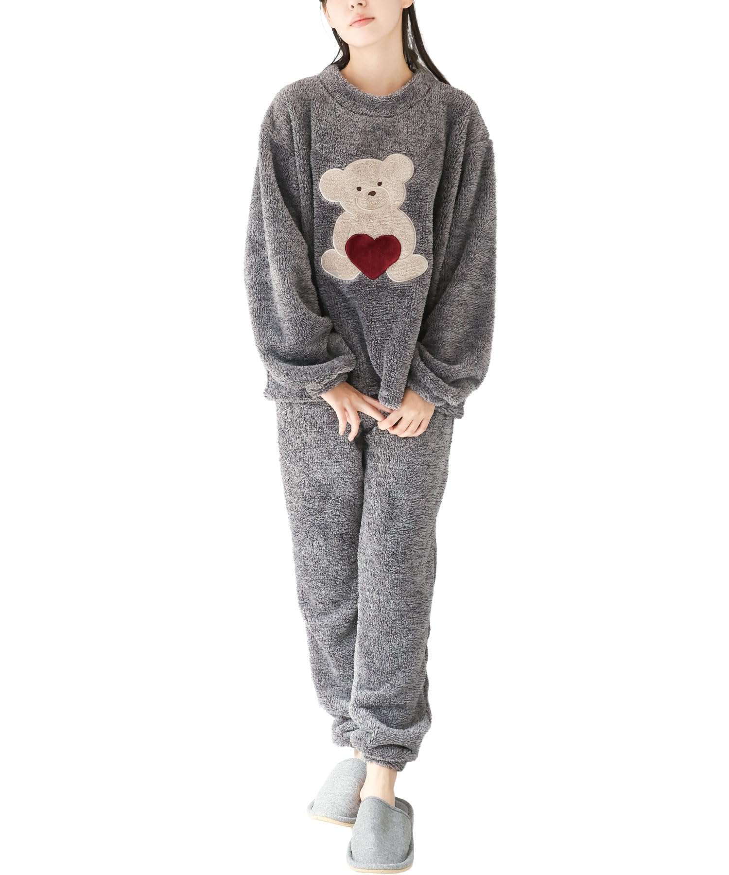 

ON NISHIKI Long Sleeve Winter Fluffy and Warm Melange Boa Top and Bottom Pullover Long Bear and Heart Design Women s Pajamas, Set, Style, Pants,