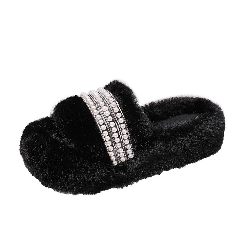 Thick-bottomed fluffy slippers for women's outer wear 2025 new autumn and winter cotton towing net red pearl fashion plush slippers spring and summer