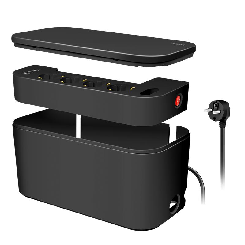 Cable Box with 5-Way Power Strip, 3x USB, 285x145x13 mm, Black