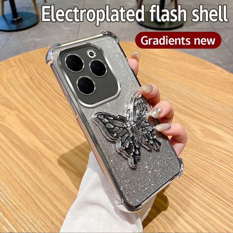 Luxury Plating Shockproof Butterfly Stand Phone Case For Infinix Hot 40 Pro 30 30i 40i 10S NFC 10 Lite 9 Play Glitter Soft Cover