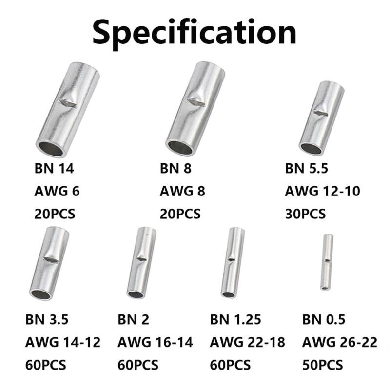 300Pcs NonInsulated Butt Connectors Butt Terminals Electrical Wire Connectors Tinned Copper Crimp Splices Cable Ferrules
