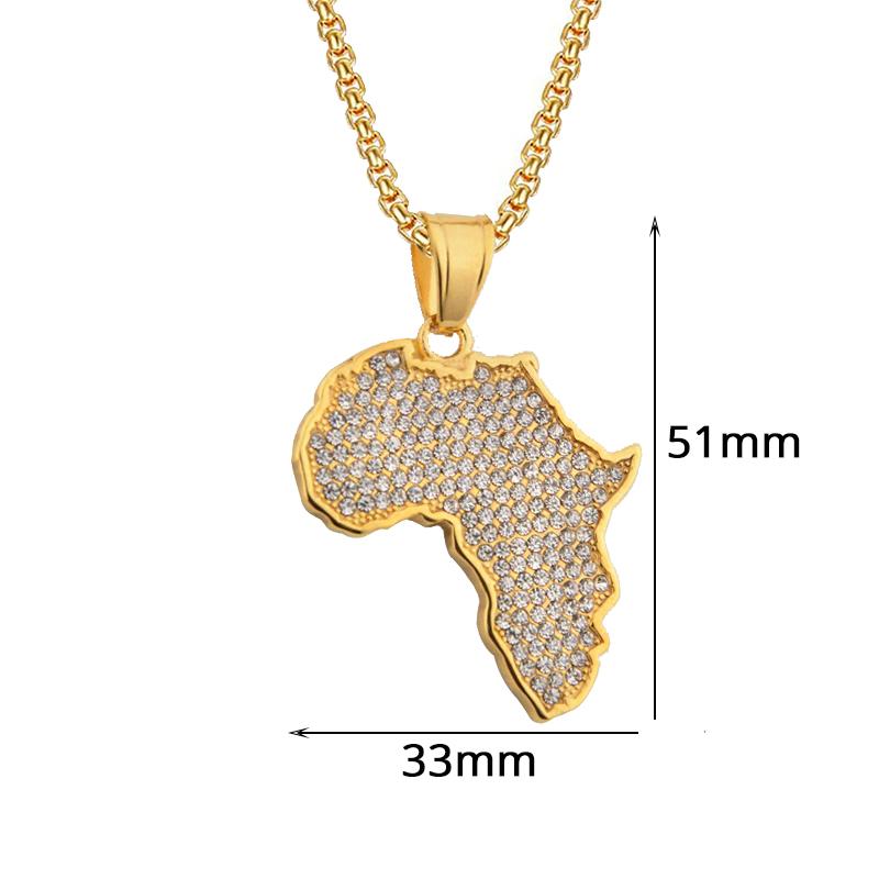 Hip Hop Παγωμένο Bling Αφρική Χάρτης Αφρικής Κρεμαστό Χρυσό Χρώμα Ανοξείδωτο Ατσάλι Ζιργκόν Ράπερ Κολιέ Για Άνδρες Γυναίκες Κοσμήματα Δώρο