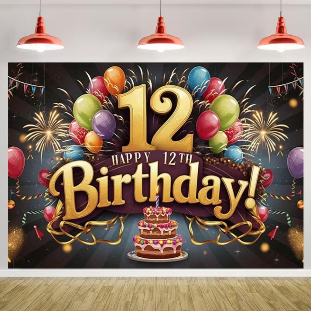 Happy 12th Birthday Banner Black Gold Balloon Background Party Decoration Boys Girls Birthday  Photography Backdrop Kids Gifts