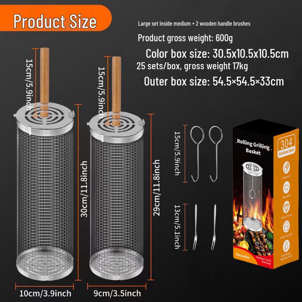 Stainless Steel Outdoor BBQ Grill Basket Cylinder - Portable Rolling Barbecue Cage Net