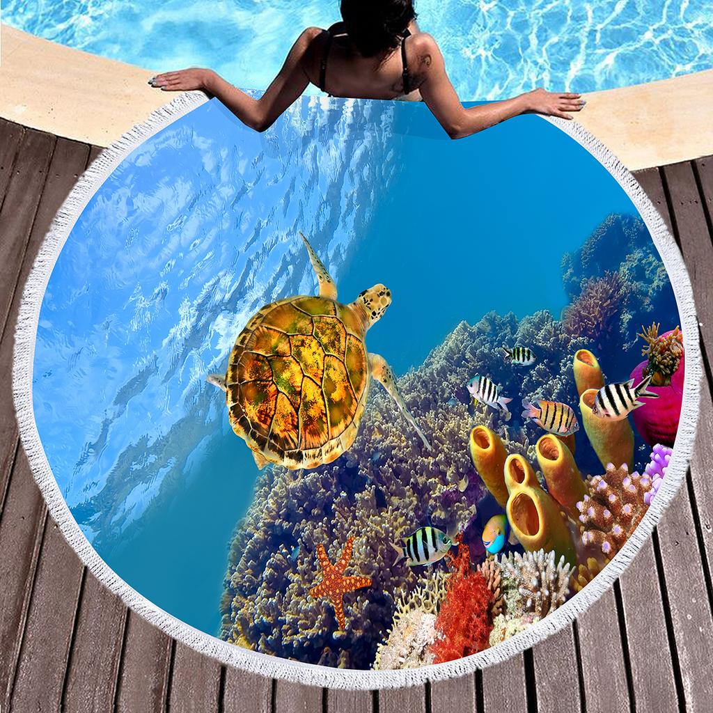 Underwater World Marine Animal Round Beach Towel with Tassels, Microfiber Quick Dry Sand Free Circle Bath Towel Gifts for Women