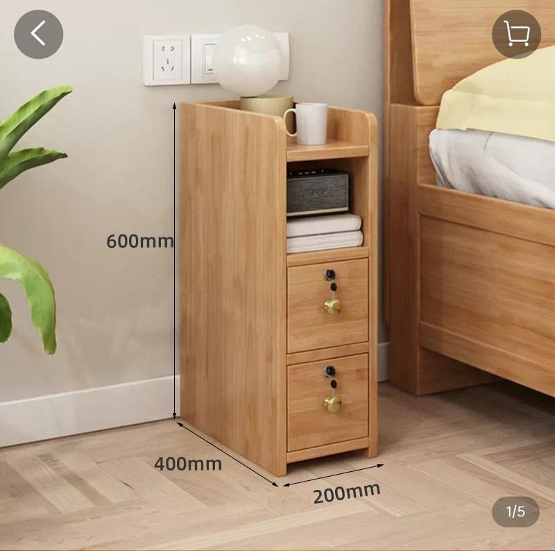 Solid Wood Locking Nightstand, Compact Slim Bedside Cabinet, Modern Minimalist Storage Organizer, Narrow Gap Bedroom Furniture