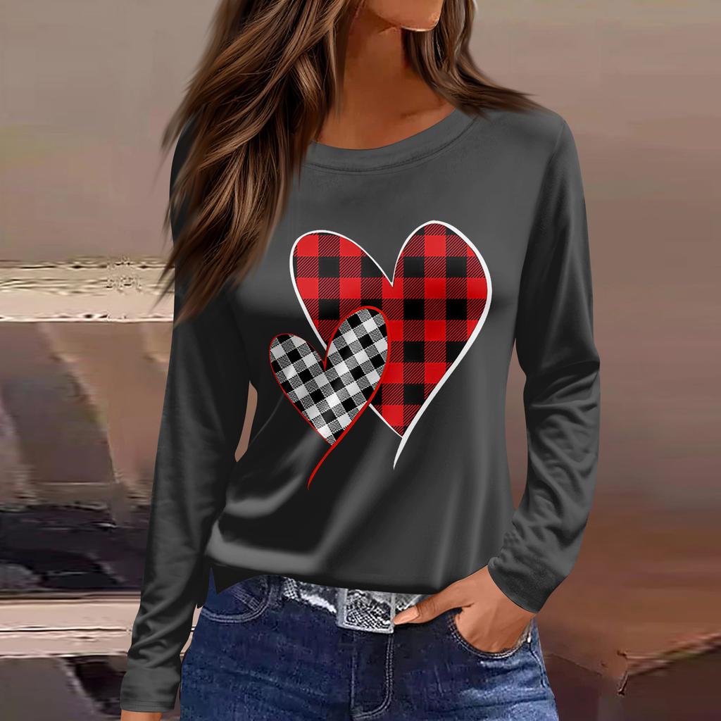 Women's Fashion Casual Slit Hem Round Neck Long Sleeve Loose  Printed T-Shirt Ladies Top
