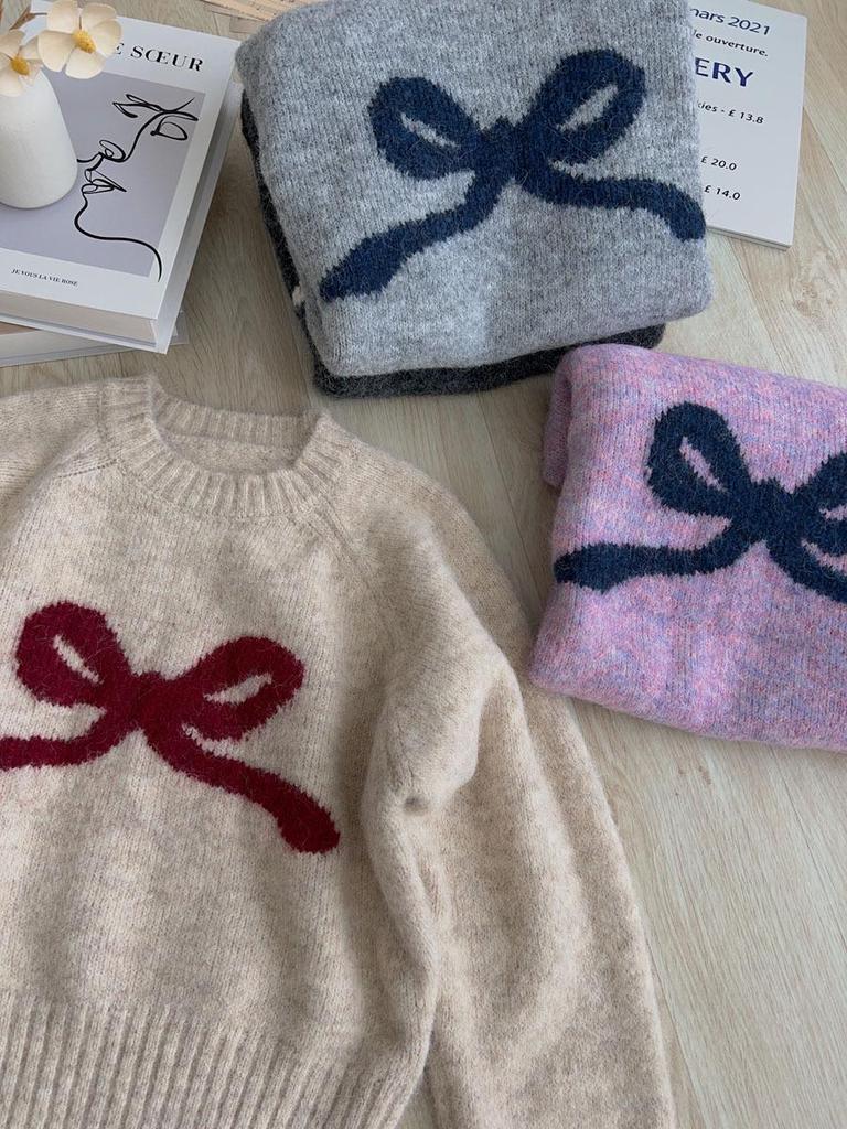 Winter Women's High-End Bow Knot Sweater - Loose Fit Round Neck Long Sleeve Knitwear