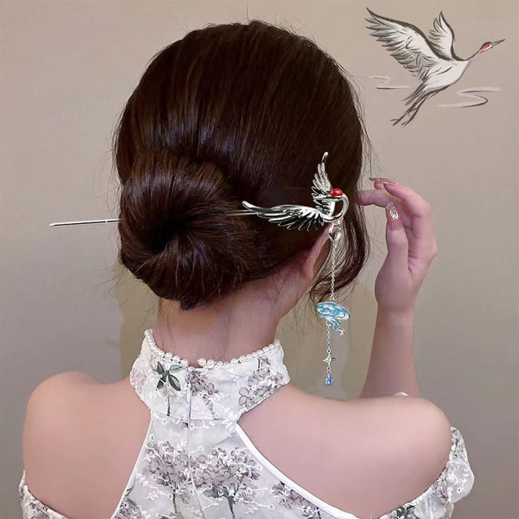 Retro Kran Haarstab Nadeln Klassisch Elegant Legierung Quasten Haarnadel Langes Haar Frauen Hochzeit Hanfu Haarschmuck