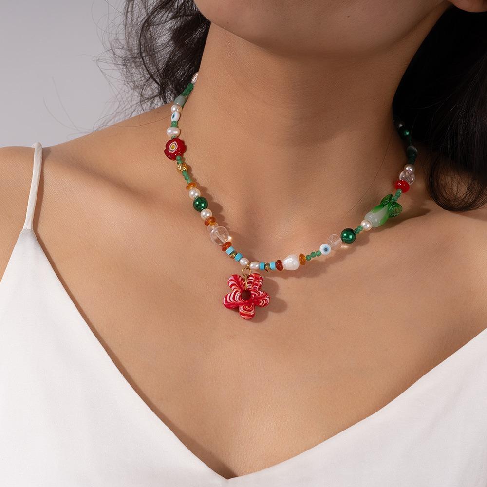 Colorful Floral Chain Choker Coloured Glaze Beads Pendant Necklace Fashion Flower Necklace  Girls