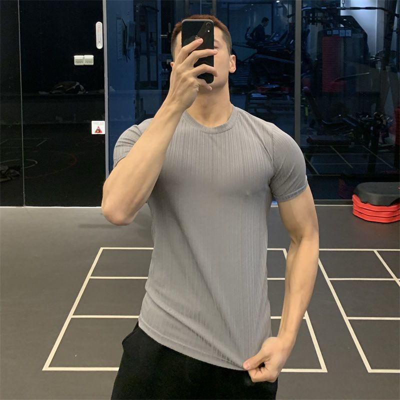 Ice Silk High Elastic Quick-drying Sports Short-sleeved Solid Color Fitness Clothes Men's Tight Round Neck T-shirt