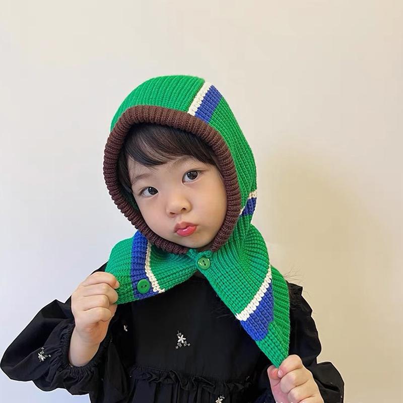 Winter Kids Scarf One-Piece Hat Fashion Striped Knit Ear Protection Hats Children Balaclava Headgear  Baby Hooded Beanie