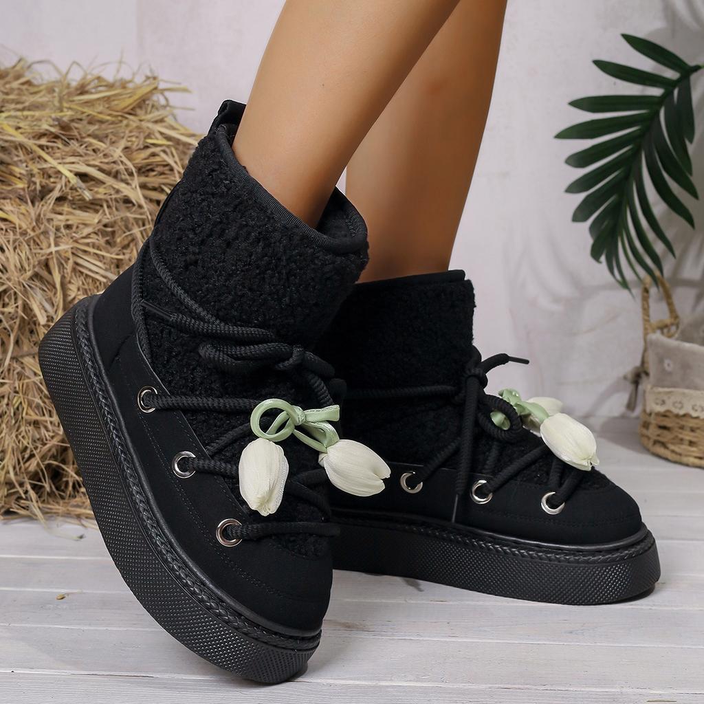Fashion Winter Snow Boots Women's Warm Padded Fluffy Cotton Booties Ankle High Cross Strap Leisure Platform Non-slip Women's Boots