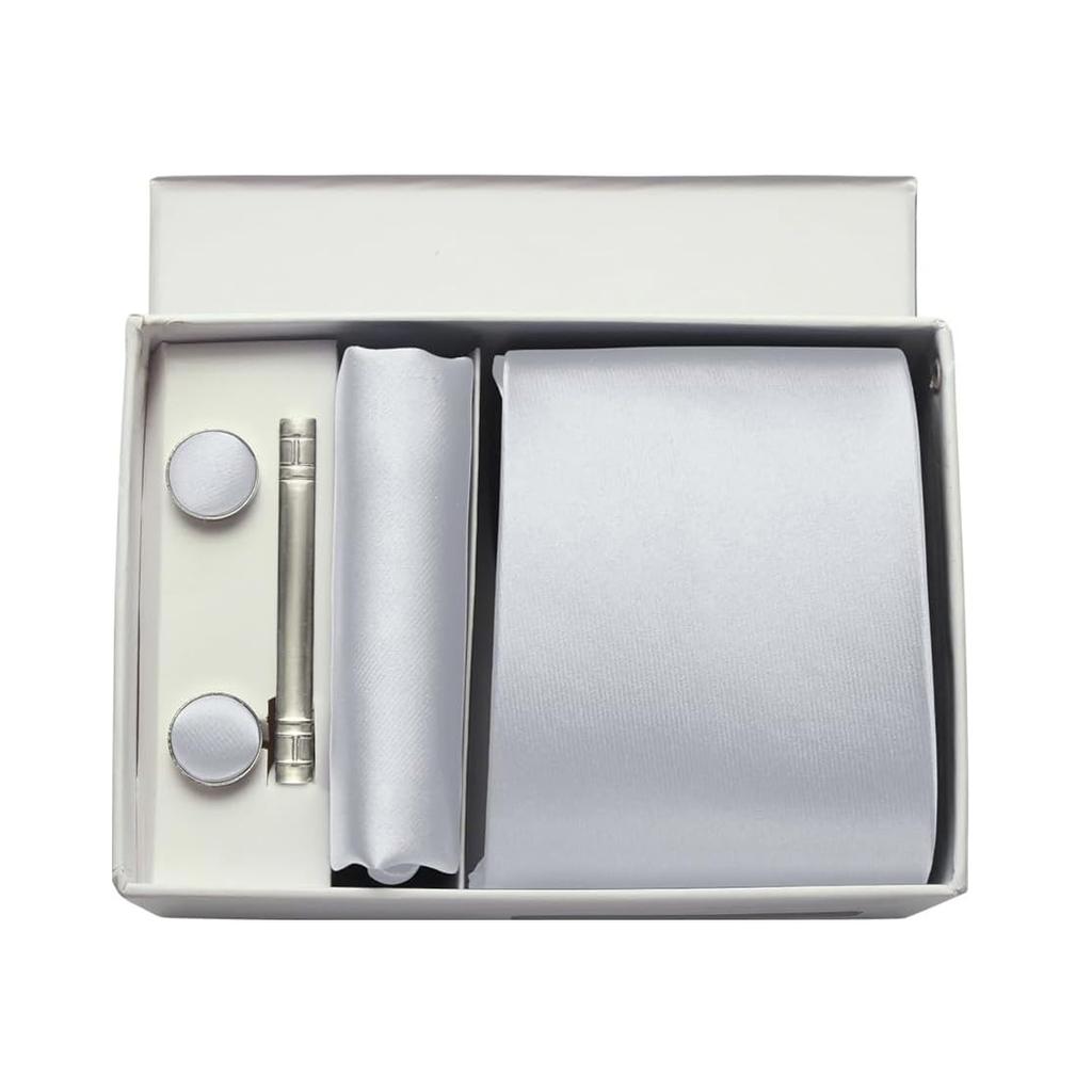 Mens Silk Tie 8Cm Solid Red Blue Necktie Handkerchief Cufflinks Gift Box Set Formal Ties For Man Workplace Business Wedding Gift