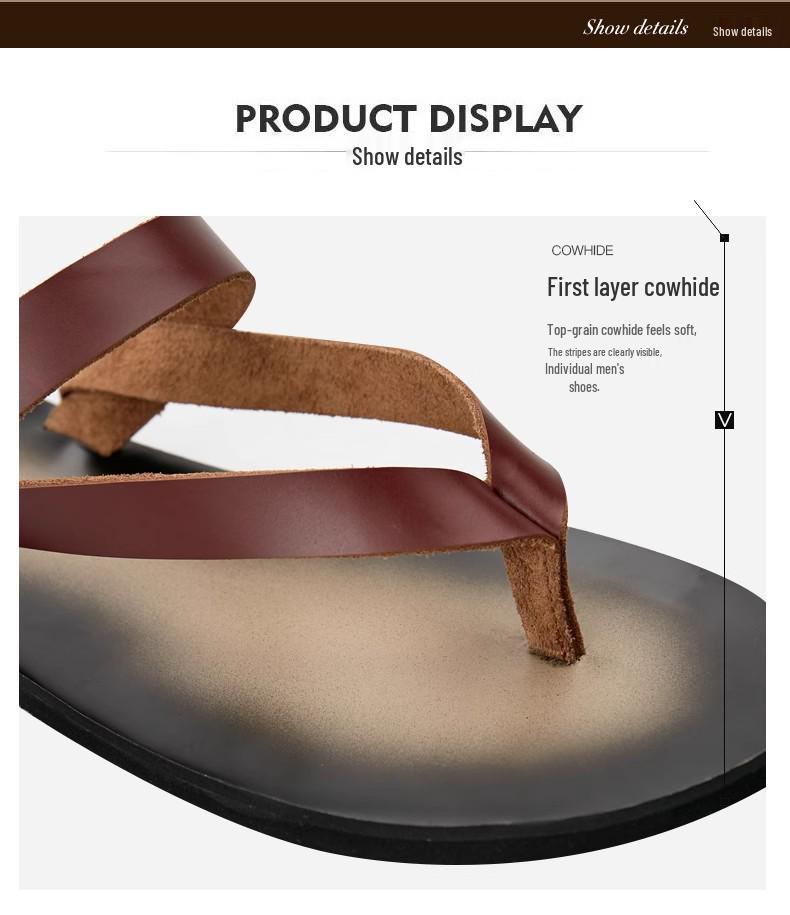 Men's Top Grain Cowhide Genuine Leather Non-Slip Summer Slippers - Trendy, Breathable, Versatile Flip Flops for the Beach