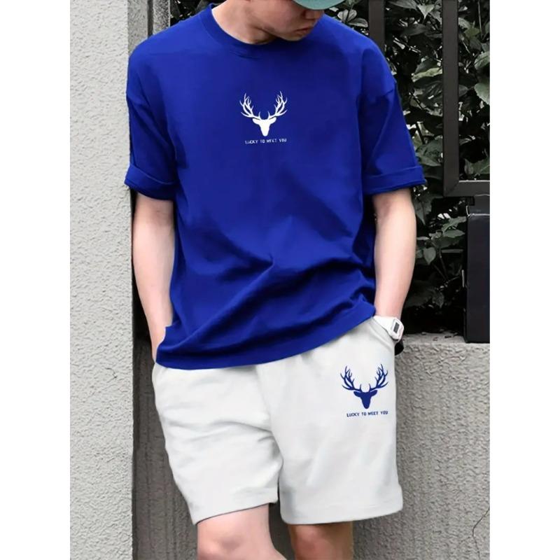 3D Wolf Print Blue Base Summer Men Short Sleeve Suit Short Sleeve Shorts 2 Pieces Casual Fashion Street Clothing