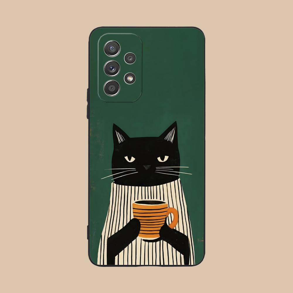 Cute Coffee Cat Matte TPU Mobile Phone Case for Samsung Galaxy M55 54 42 35 34 33 32 23 22 15 14 13 12 F55 5G Colorful Cover