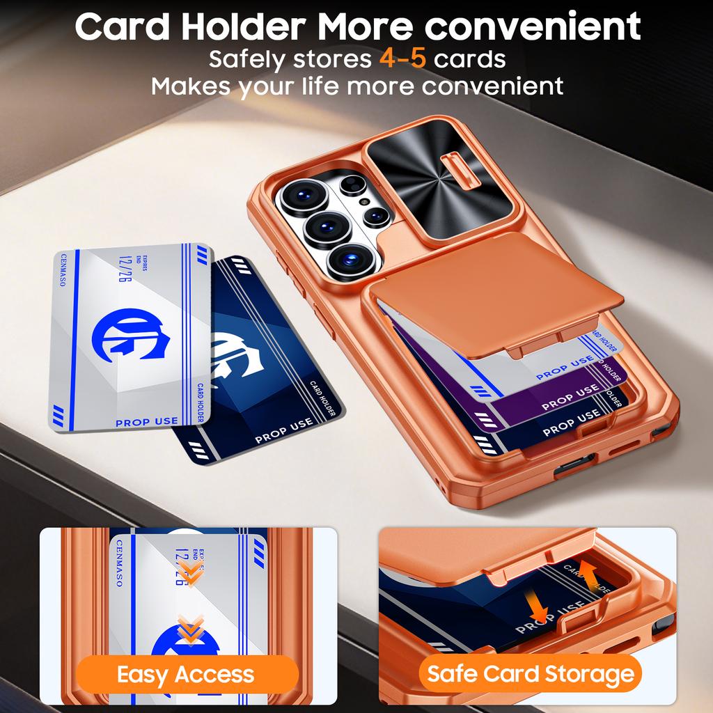 With Card Holder Sliding Camera Cover And Stand For Samsung Galaxy S26 Ultra Phone Case, Anti-Fall PC+TPU Wallet Case-Orange