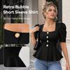 Women's Square Neck Short Sleeve Button Blouse Solid Color Fitted Casual Summer Top