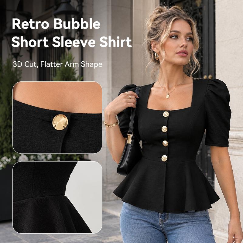 Women's Square Neck Short Sleeve Button Blouse Solid Color Fitted Casual Summer Top