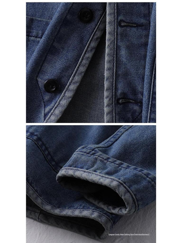 Men's Trendy Japanese Retro Washed Cotton Denim Jacket - Collarless Workwear Style