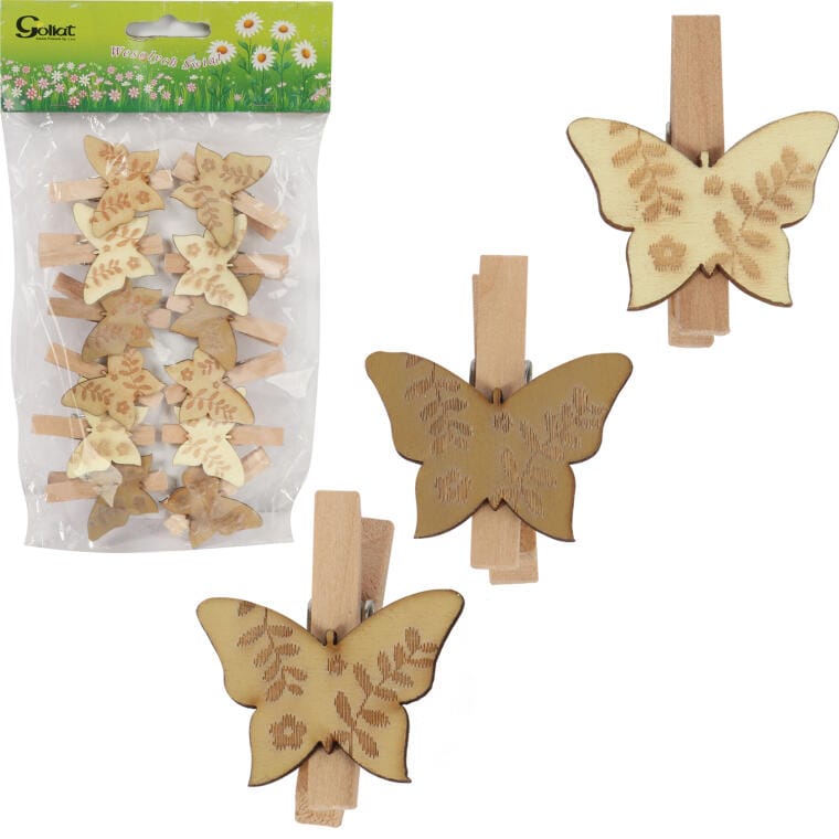 Wooden Decorative Butterfly Buckles - 12 Pieces, 4.5 cm, Easter, Spring