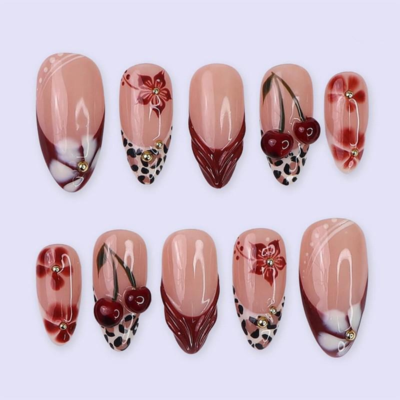 3D Embossed Leopard Print Almond Nails with Cherry Blossom & Rhinestone Accents - 30 Pieces Finished Strips (Three Sets Full Rhinestone)