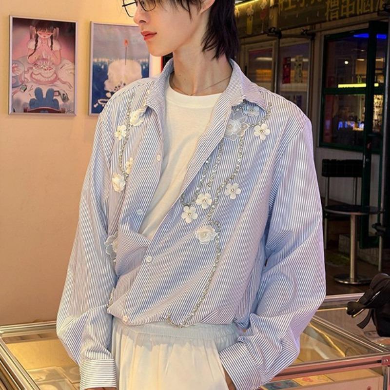 

Men s Striped Floral Embroidered Rhinestone Button Down Shirt Casual Oversized Streetwear Top S синий