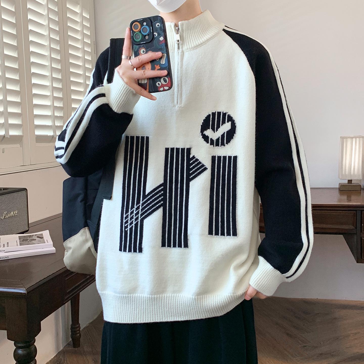 

Мужской жаккардовый свитер в стиле колор-блок с высоким воротником на молнии, повседневный свободный крой, коллекция осень/зима 2025 M (for 90-110 jin)