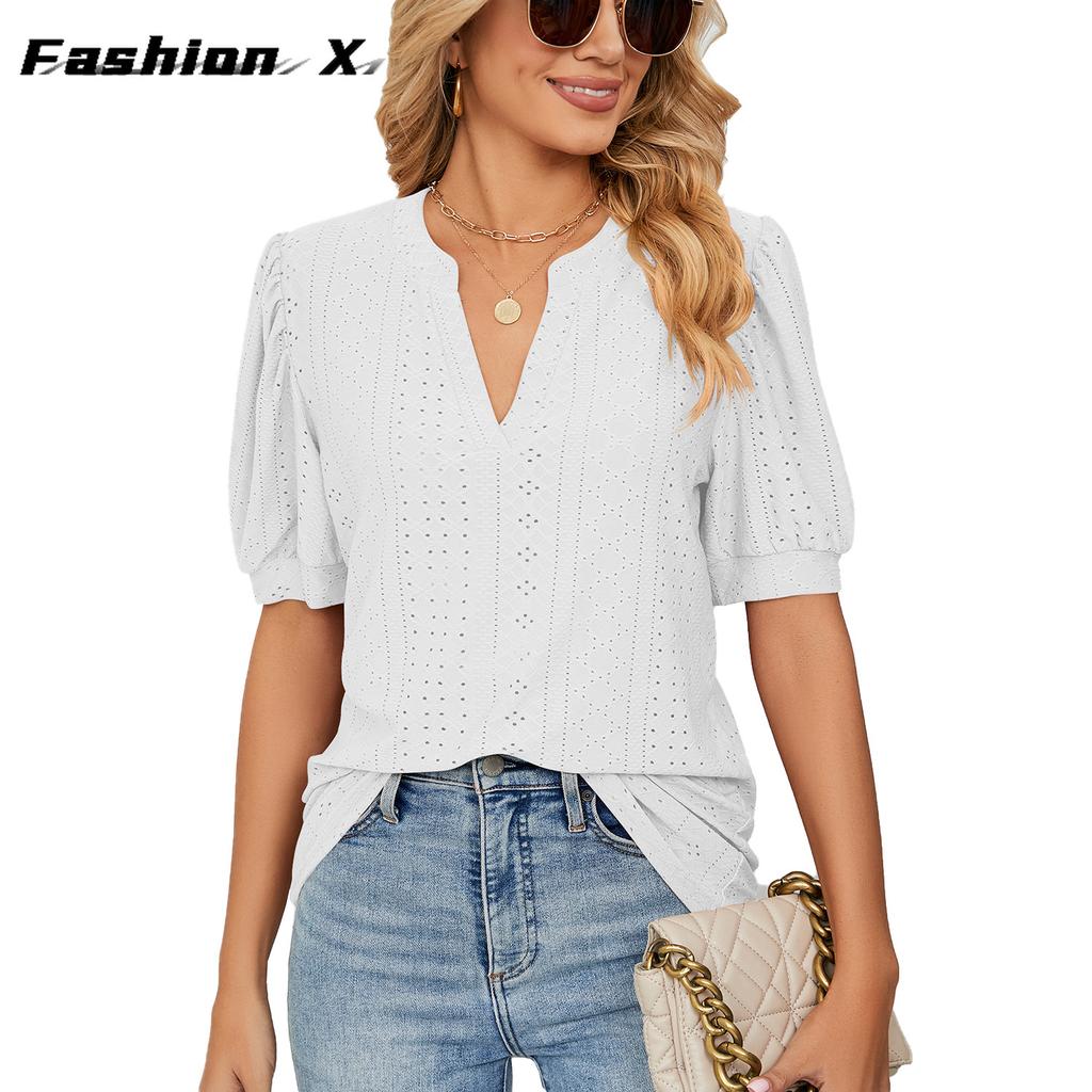 Europe and The United States 2024 Summer Casual V-neck Solid Color Hollow Bubble Sleeve Loose T-shirt Blouse Female