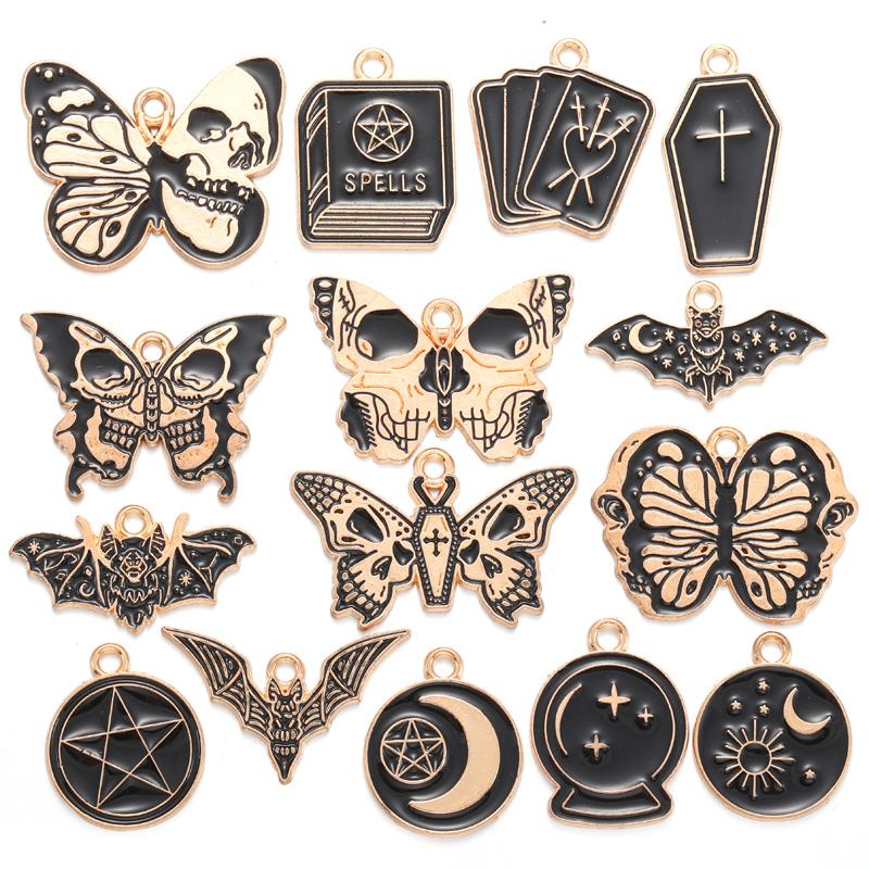 10pcs Enamel Charms Halloween Black Skull Butterfly Charms Pendant Designer CharmsFit Jewelry Making DIY Jewelry Findings W345
