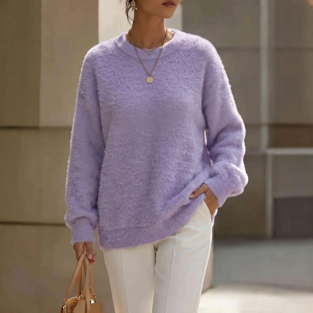 YYFS Women's Fashion Casual Fall Winter Solid Color Print Long Sleeve O-Neck Sweaters
