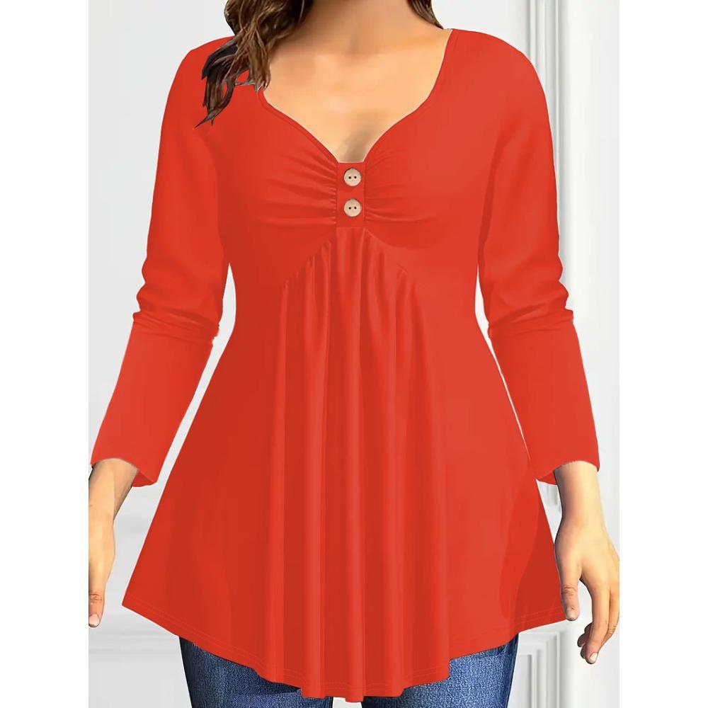 Women's V Neck Long Sleeve Tunic Top Loose Fit Plus Size Solid Ruched Button Detail Flared Hem Casual Blouse