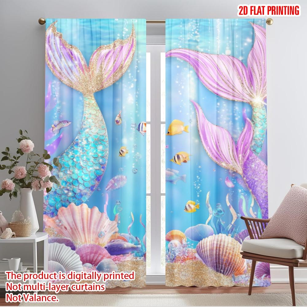 2pcs,2D plane printing Curtains&Window Treatment Mermaid Lagoon 100% Polyester (without rod) Outdoor Decorations Use for