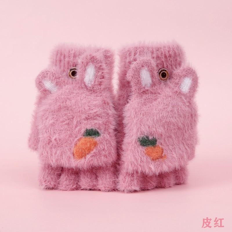 Space rabbit half finger flip middle child dew finger winter thickened warm student writing cute knitted gloves girl