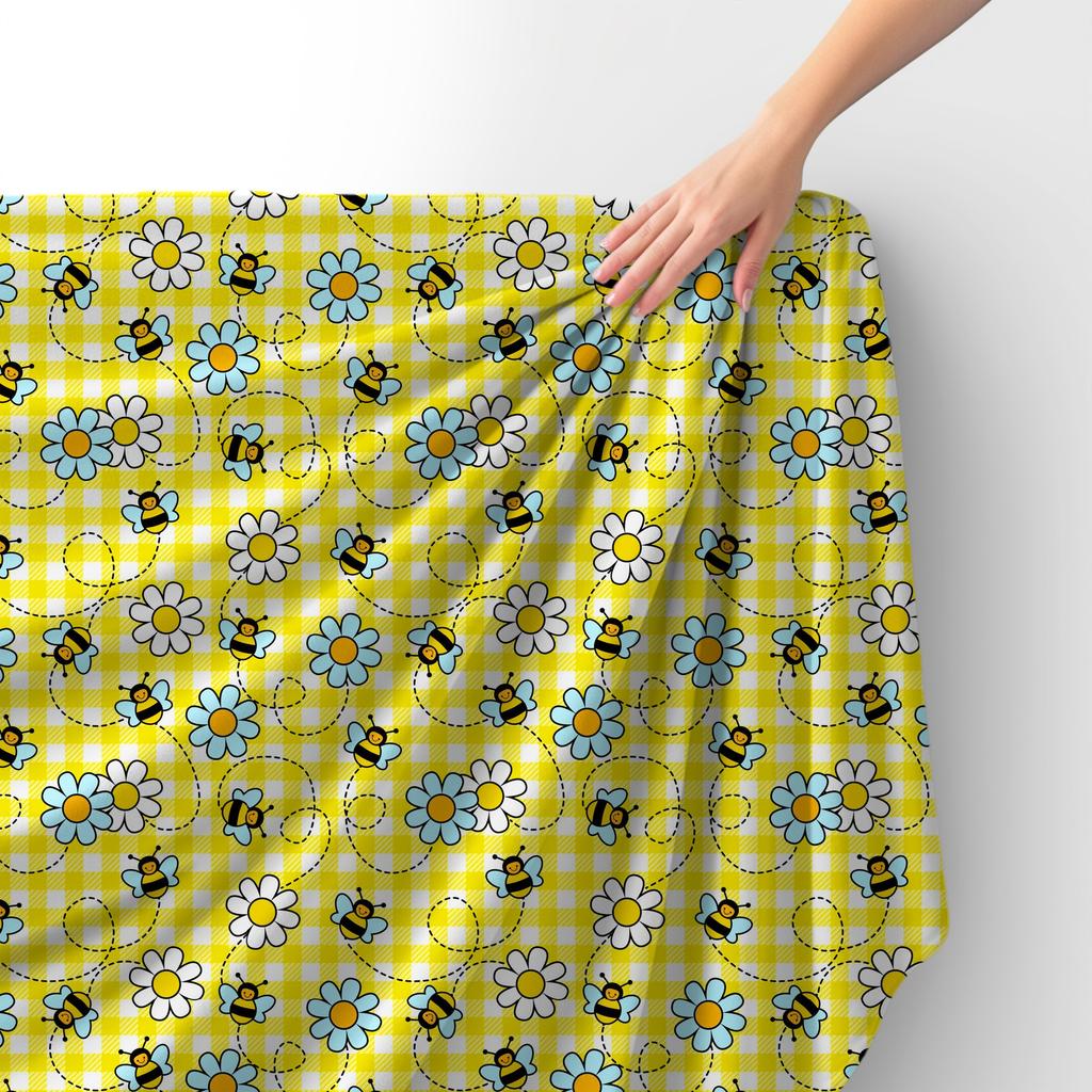 Royal Samt Stoff Polyester Zum Nähen - Motiv Bienen Und Gänseblümchen