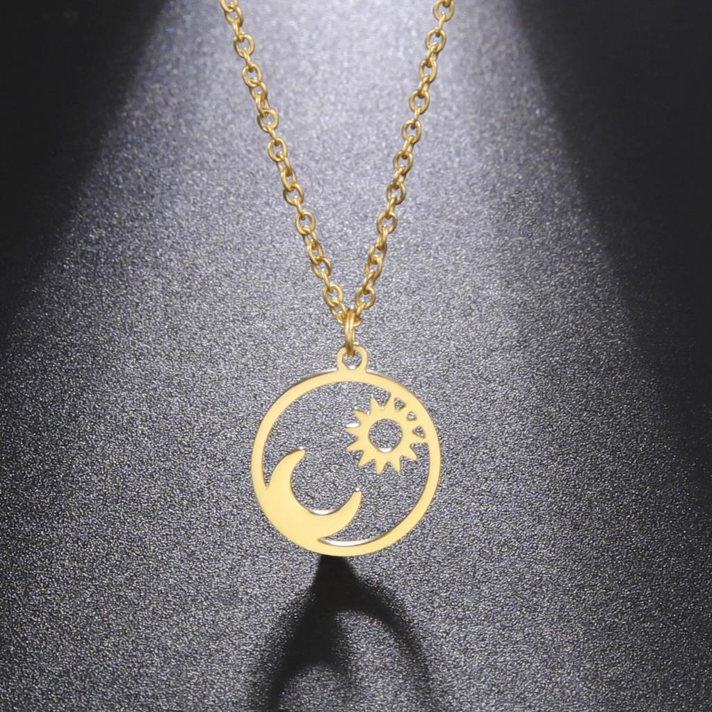 Retro Sun Moon Pendnat Necklace Earrings with Crystl Fashion Necklace for Women and Men-Gold Set