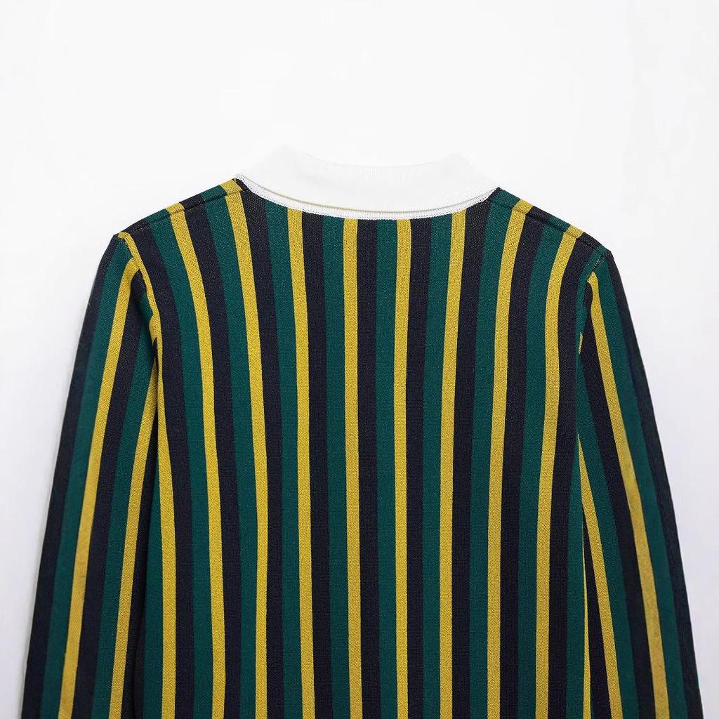 Spring 2025 Women's Striped Knit Sweater - European & American Style, Turn-Down Collar, Long Sleeve, Casual